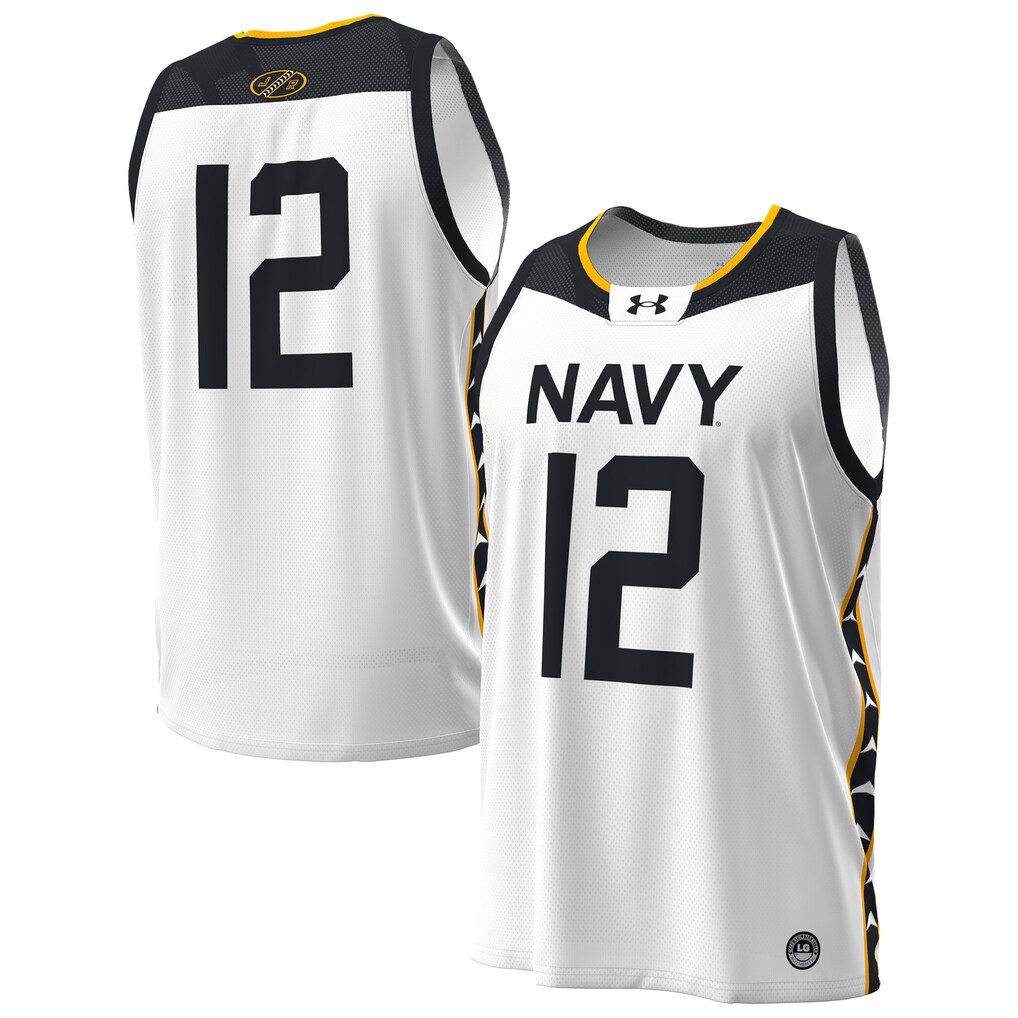 Men's Under Armour #12 White Navy Midshipmen Jolly Rogers Alternate Replica Basketball Jersey - Jersey