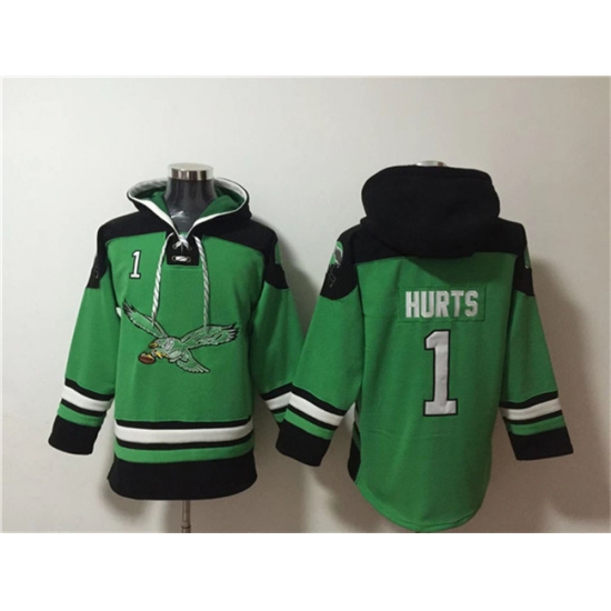 Mens Philadelphia Eagles #1 Jalen Hurts Green Ageless Must-Have Lace-Up Pullover Hoodie - Jersey