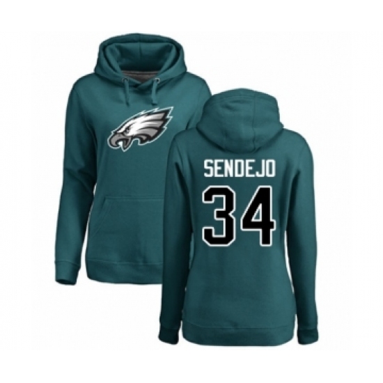 Women's Philadelphia Eagles #34 Andrew Sendejo Green Name & Number Logo Pullover Hoodie - Jersey