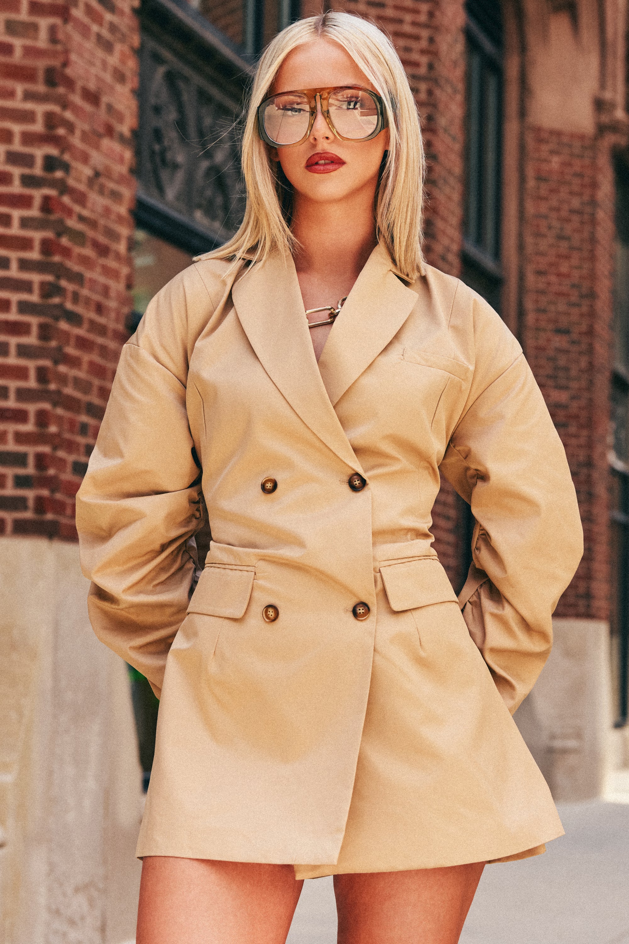 BUSINESS MEETING CHIC BLAZER DRESS AND LEG WARMER SET IN TRENCH - Akira Wear