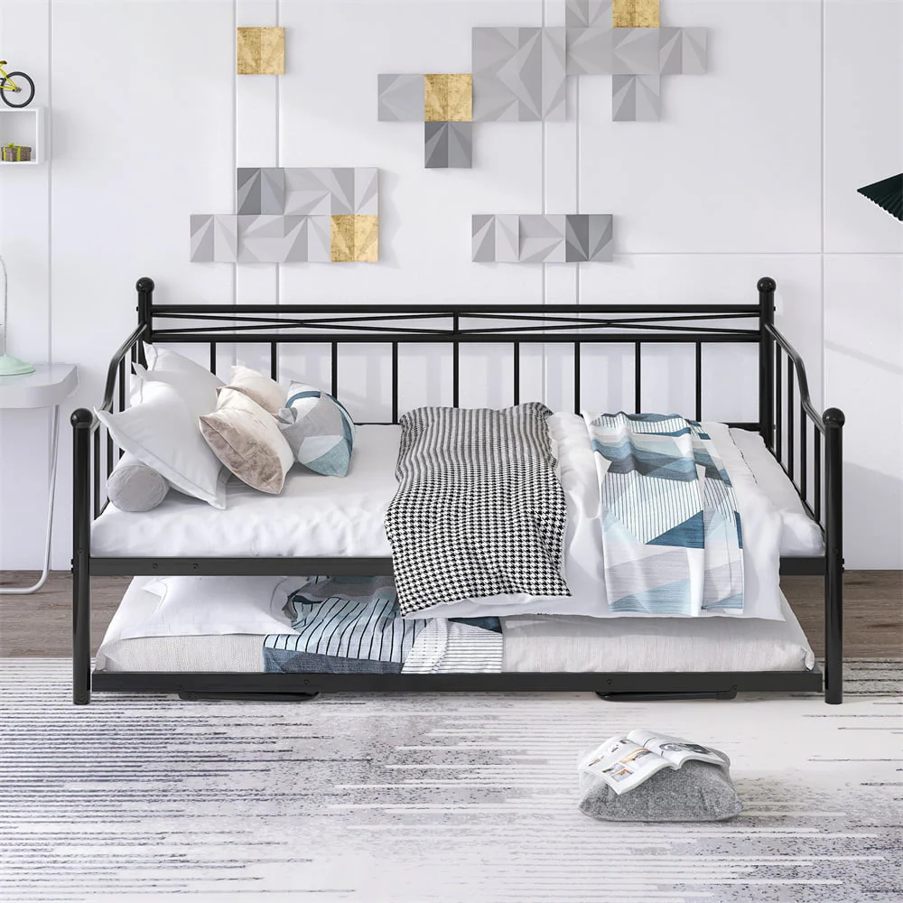 Full Size Daybed with Twin Size Adjustable Trundle, Sturdy Steel Daybed Frame with Portable Folding Trundle, Extendable Sofa Bed for Kids Teens Adults, Living Room Bedroom Dual-use Daybed, Black