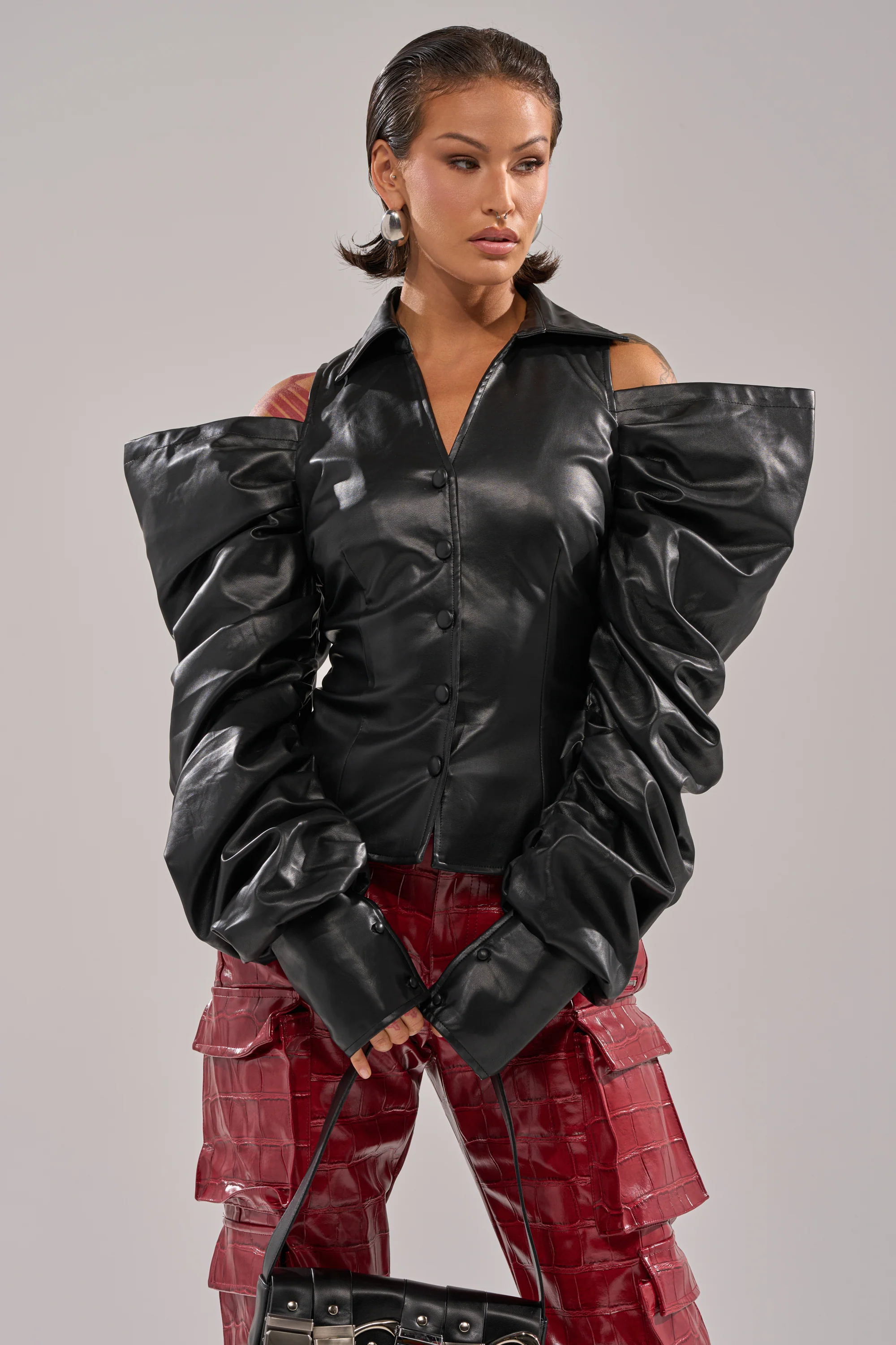 CRAZY IN LOVE BLACK FAUX LEATHER BUTTON DOWN BLOUSE - Akira Wear
