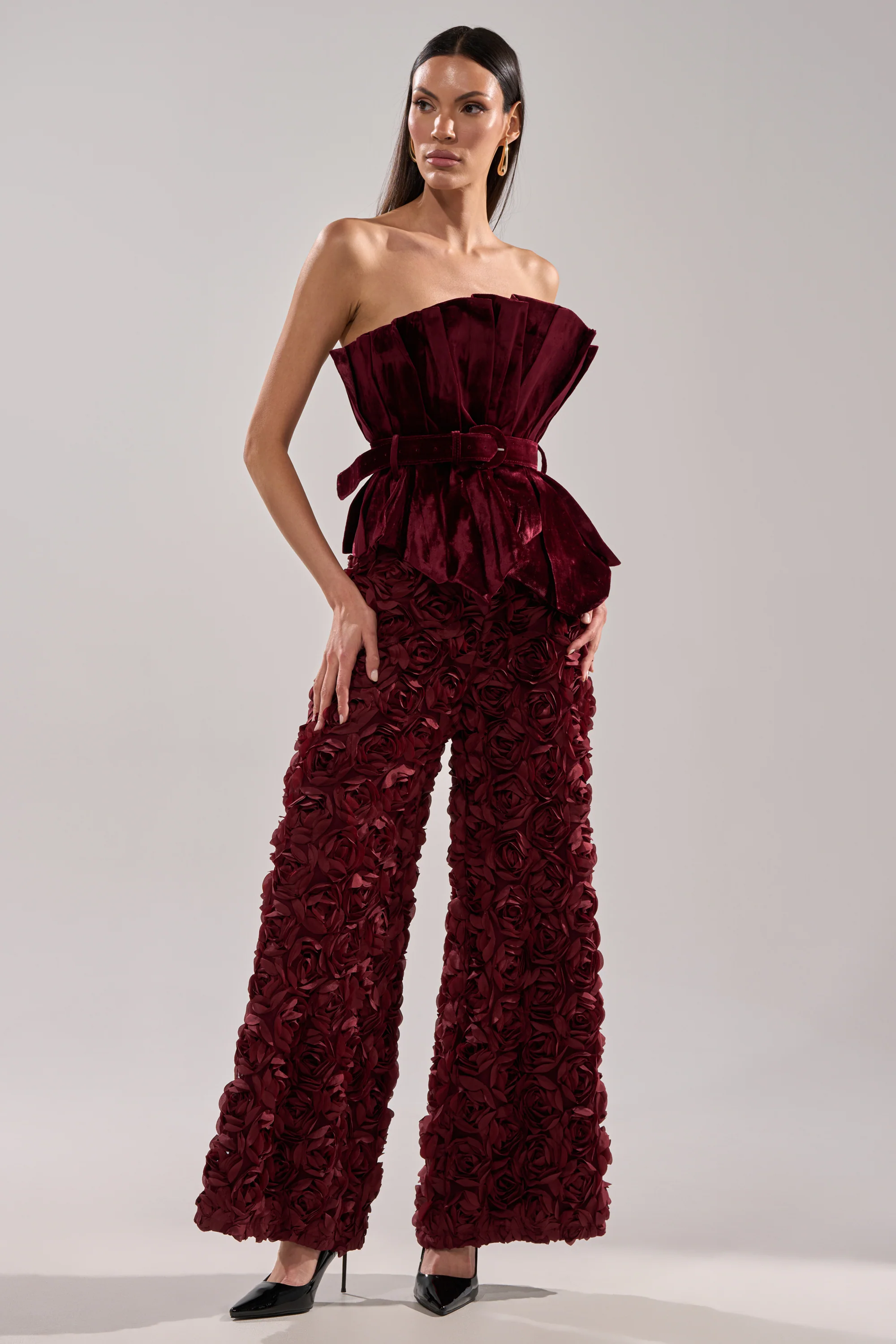 ROSE PETALS WIDE LEG TROUSER IN BURGUNDY - Akira Wear