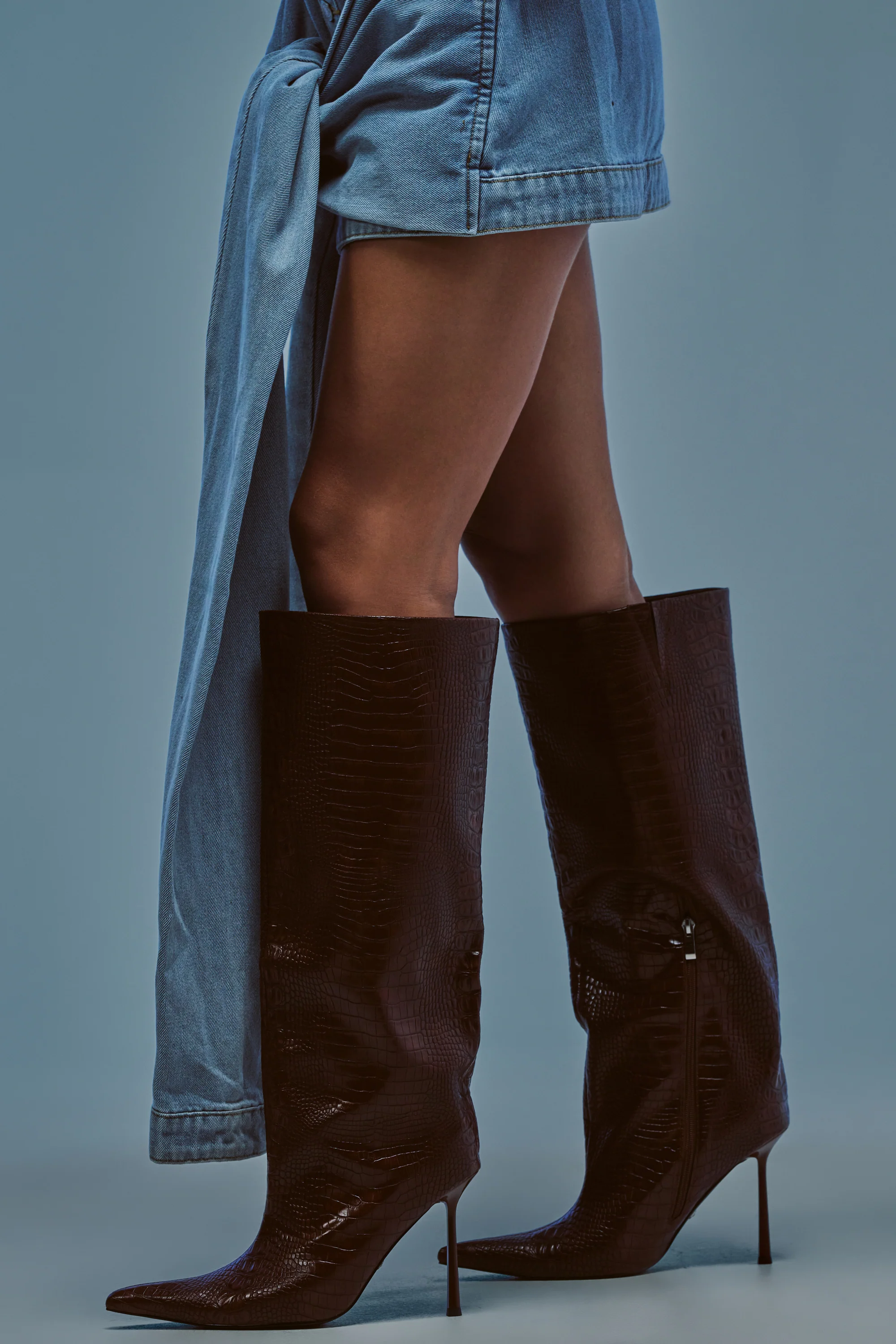 AZALEA WANG MADEYE BROWN CROC KNEE HIGH STILETTO BOOT - Akira Wear
