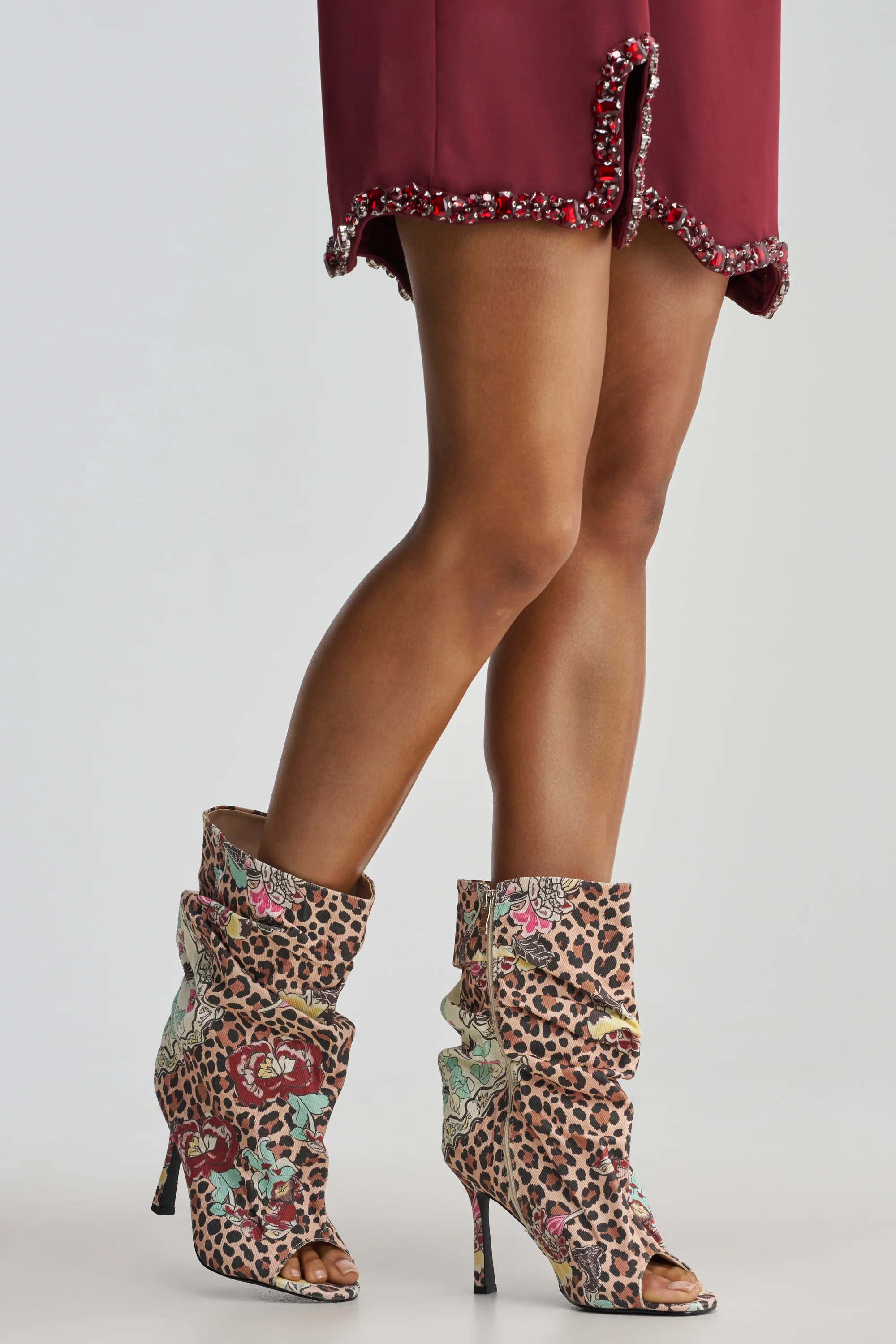 AKIRA GOLD ENJOY LEOPARD MULTI OPEN TOE RUCHED BOOTIE - Akira Wear