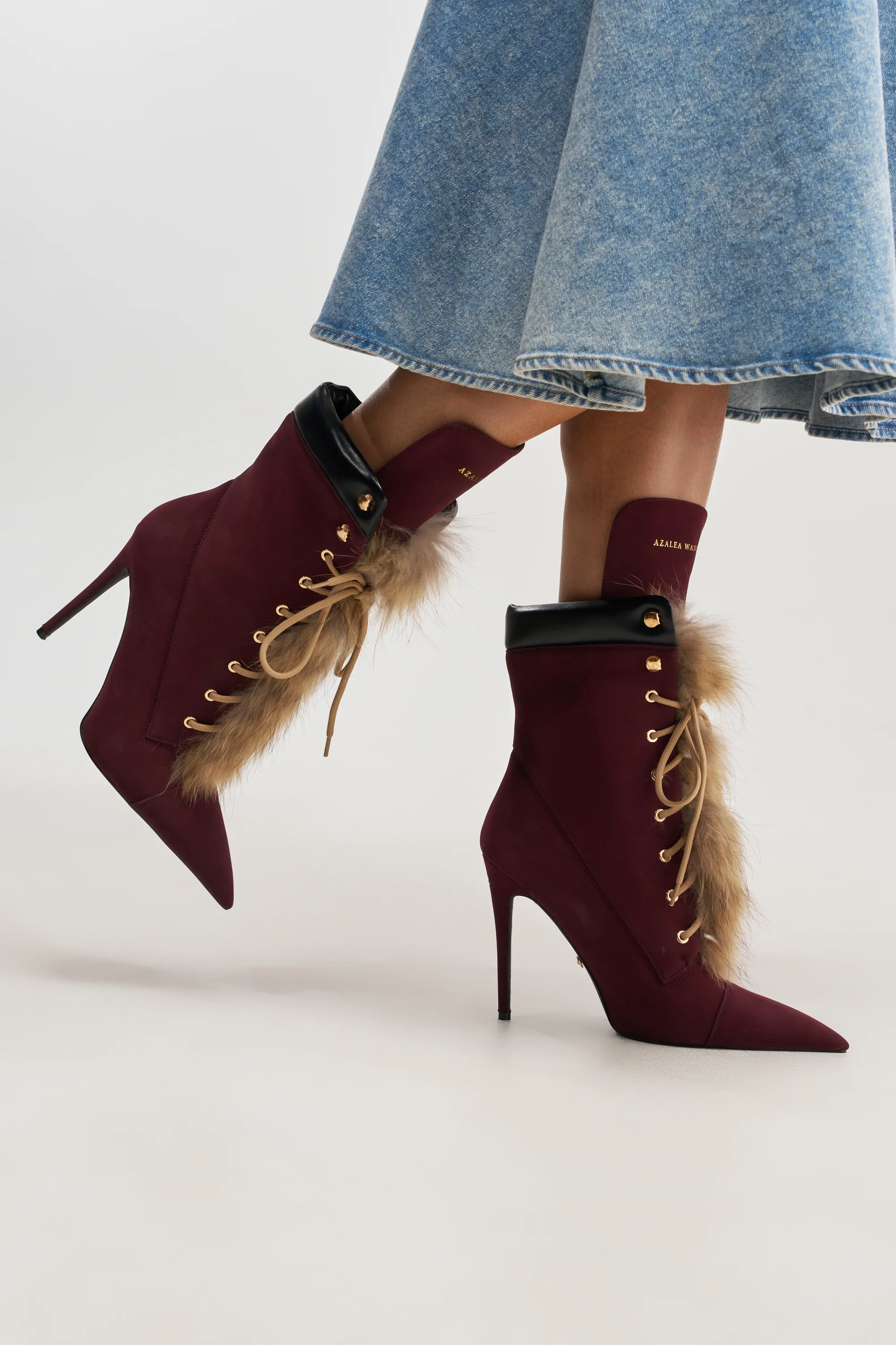 AKIRA GOLD NYMERA BURGUNDY STILETTO BOOTIE WITH FUR - Akira Wear