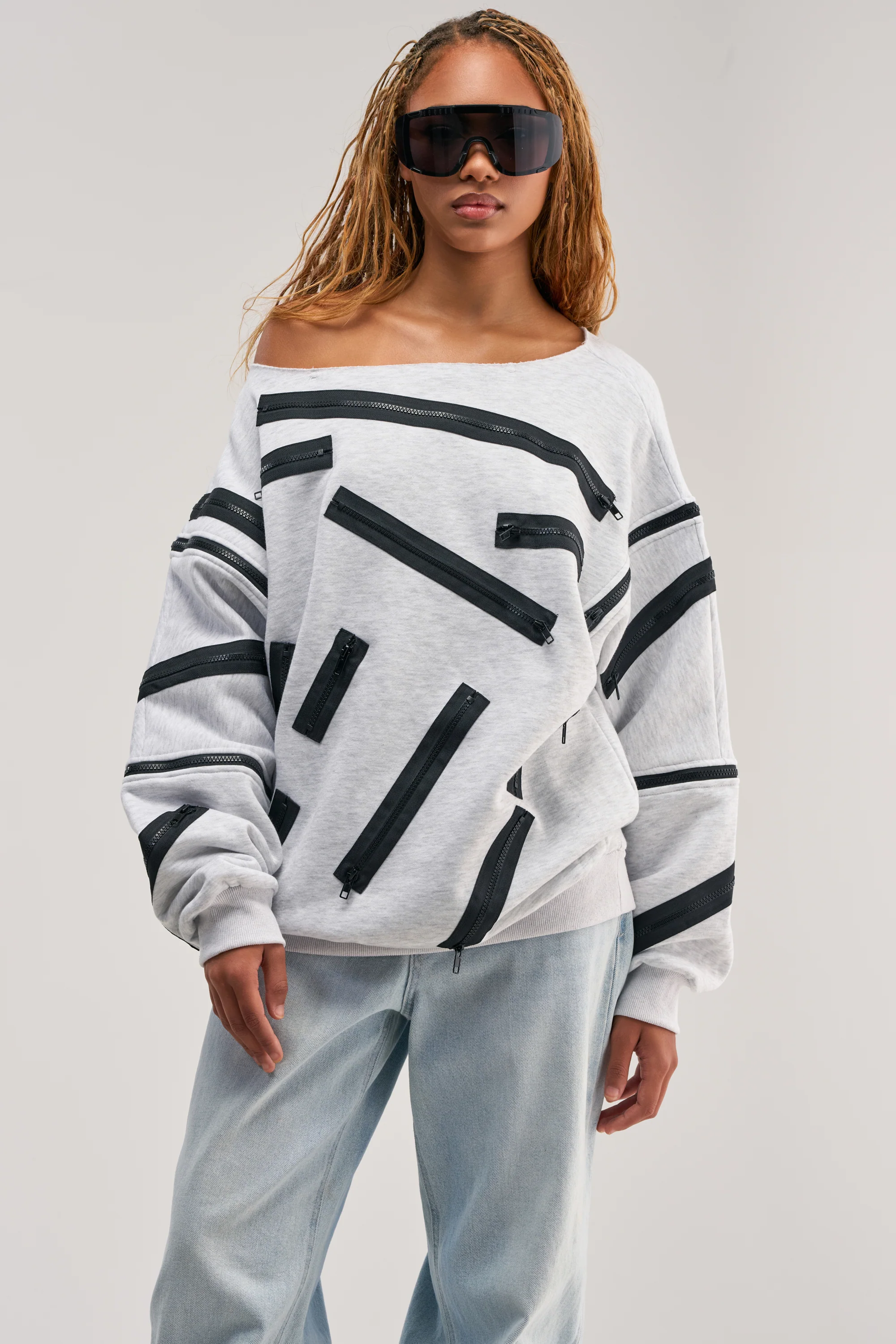 ZIP ZAP OFF THE SHOULDER SWEATSHIRT DRESS-GREY MULTI - Akira Wear