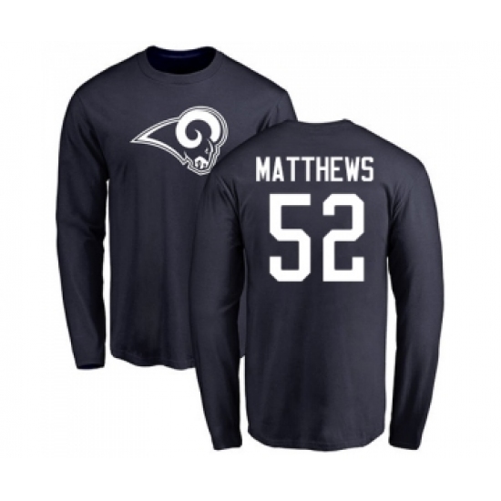 Football Los Angeles Rams #52 Clay Matthews Navy Blue Name & Number Logo Long Sleeve T-Shirt - Jersey