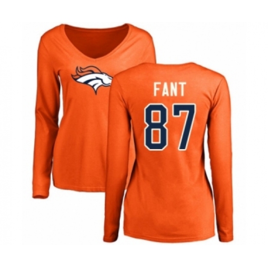 Football Women's Denver Broncos #87 Noah Fant Orange Name & Number Logo Long Sleeve T-Shirt - Jersey