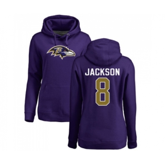 Football Women's Baltimore Ravens #8 Lamar Jackson Purple Name & Number Logo Pullover Hoodie - Jersey