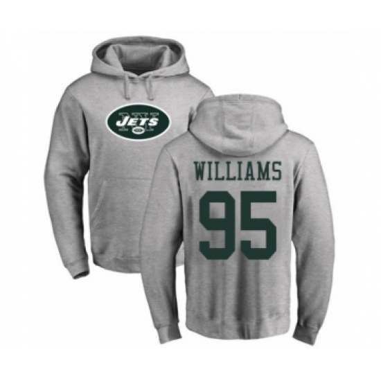 Football New York Jets #95 Quinnen Williams Ash Name & Number Logo Pullover Hoodie - Jersey