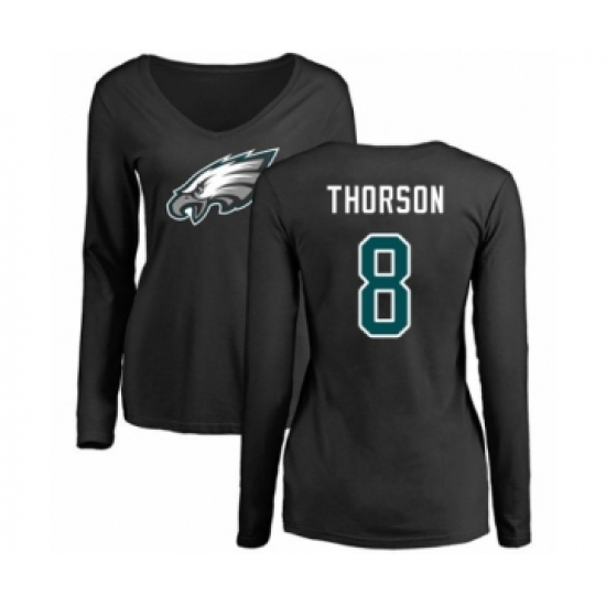 Women's Philadelphia Eagles #8 Clayton Thorson Black Name & Number Logo Slim Fit Long Sleeve T-Shirt. - Jersey