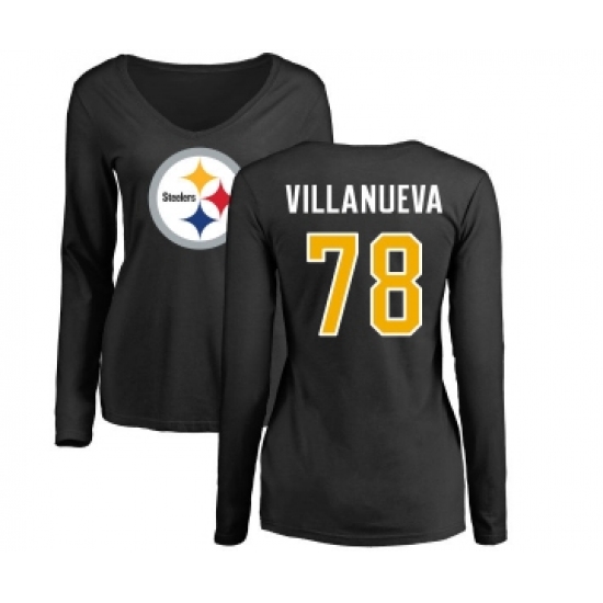 Football Women's Pittsburgh Steelers #78 Alejandro Villanueva Black Name & Number Logo Slim Fit Long Sleeve T-Shirt - Jersey