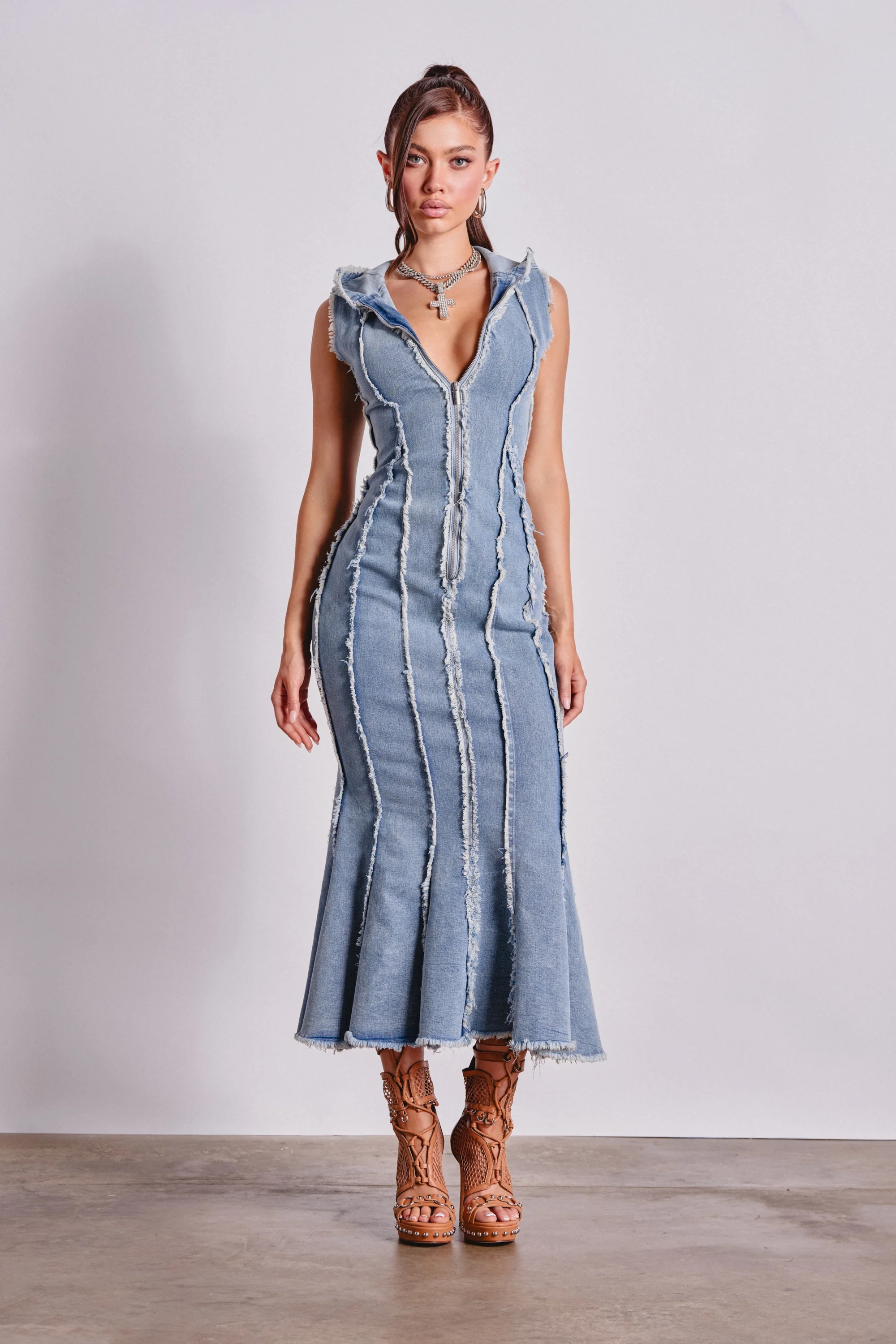 CATCH MY SWAG DENIM HOODED MAXI DRESS - Akira Wear