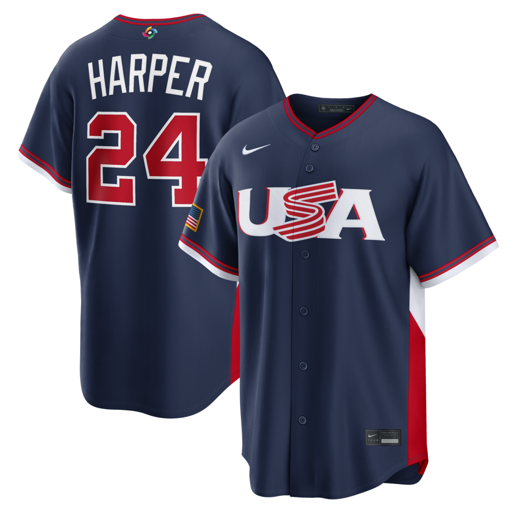 Men's USA Baseball Bryce Harper Nike Navy 2026 World Baseball Classic Road Stadium Jersey - Jersey