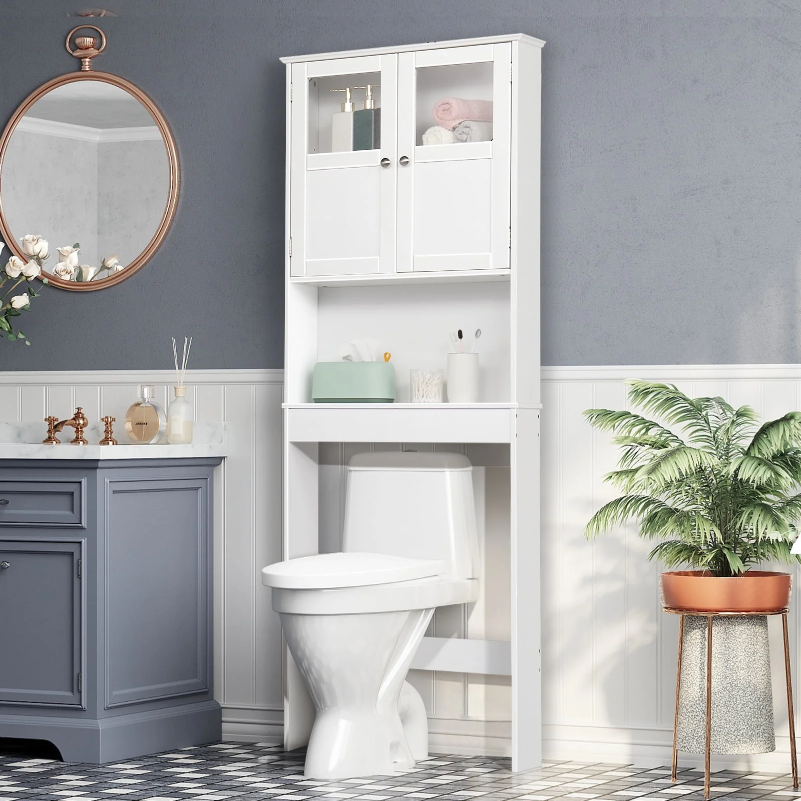 Ktaxon Over the Toilet Bathroom Storage Cabinet Space Saver with 2 Doors and 3 Storage Shelves, White Finish