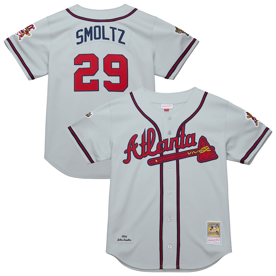 Men's Atlanta Braves John Smoltz Mitchell & Ness Gray 1995 Throwback Authentic Jersey - Jersey