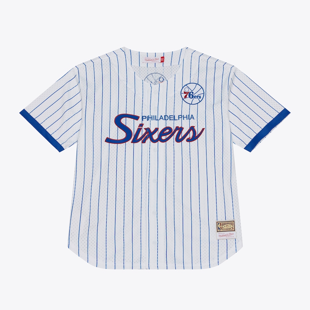 Men's Philadelphia 76ers Mitchell & Ness White Head Coach Pinstripe Mesh Full-Button Baseball Jersey - Jersey