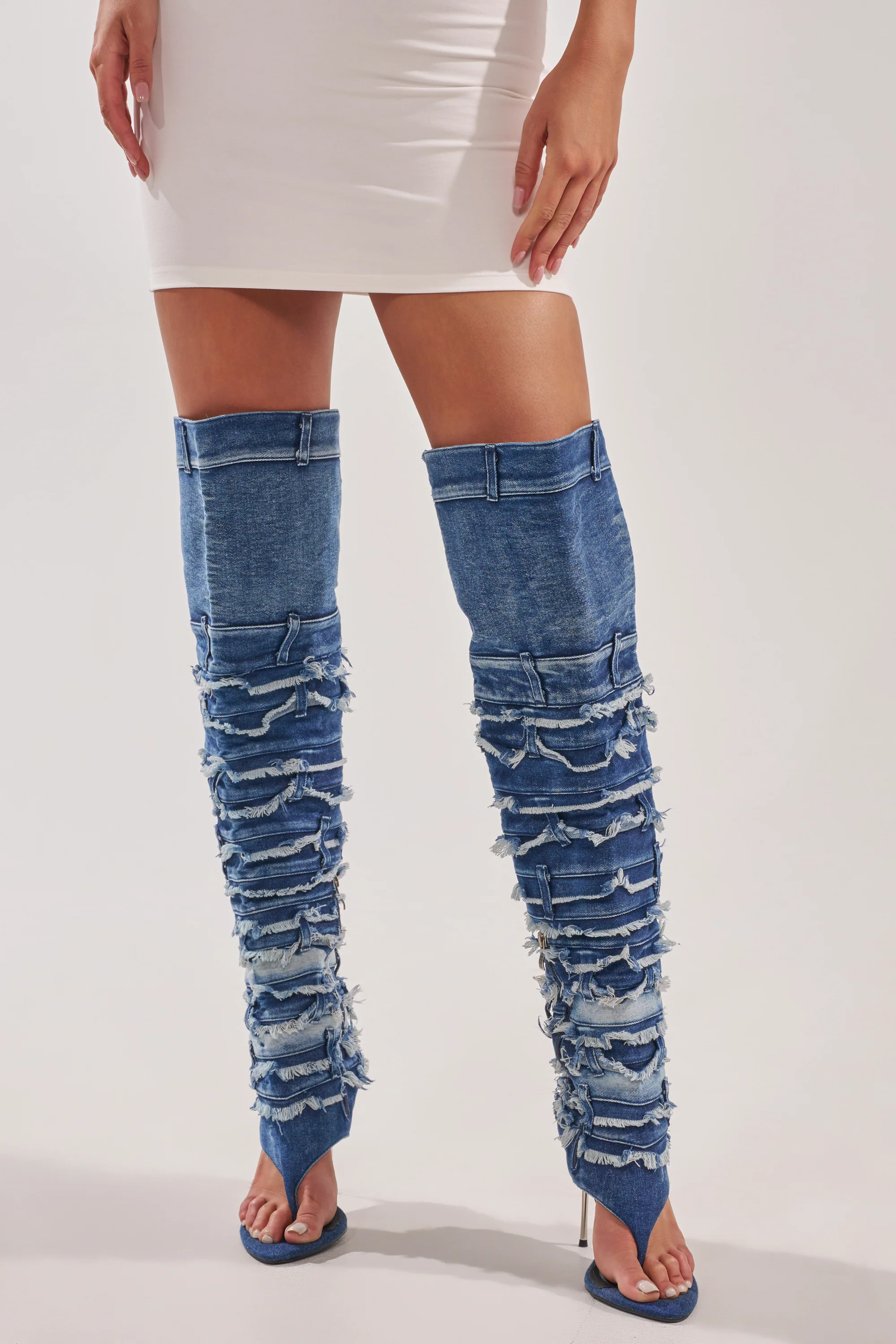 AZALEA WANG SENA DENIM STILETTO OPEN TOE BOOT - Akira Wear