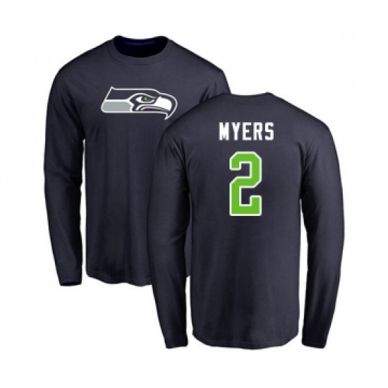Football Seattle Seahawks #2 Jason Myers Navy Blue Name & Number Logo Long Sleeve T-Shirt - Jersey
