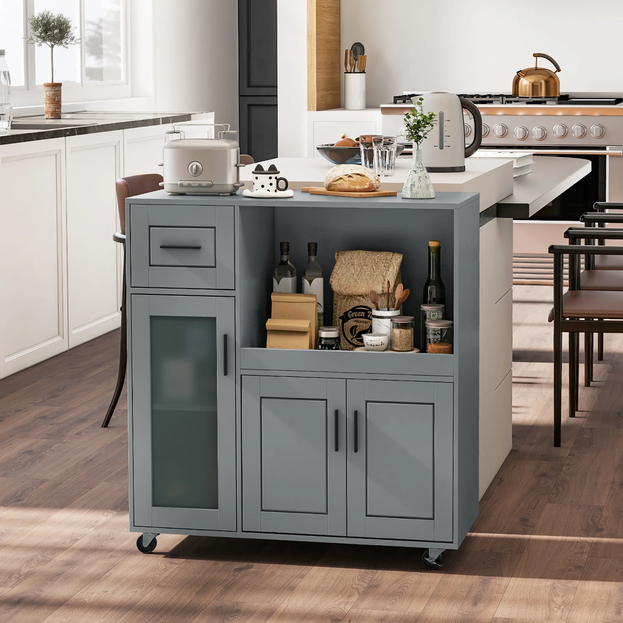 Gymax Kitchen Island Cart on Wheels Microwave Cabinet w/ Frosted Tempered Glass Door