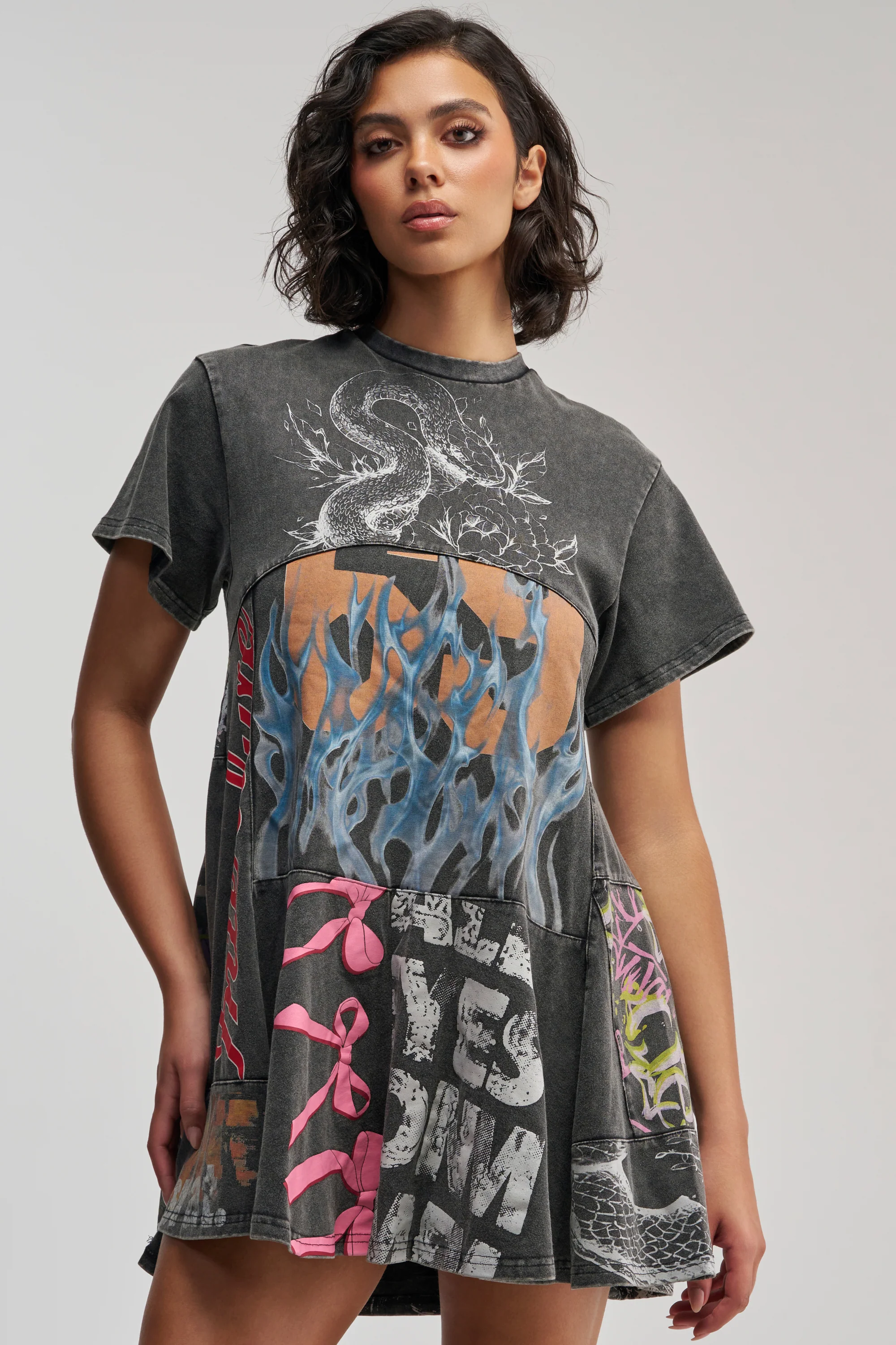 COLD HEARTED GRAPHIC MINI DRESS IN BLACK MULTI - Akira Wear