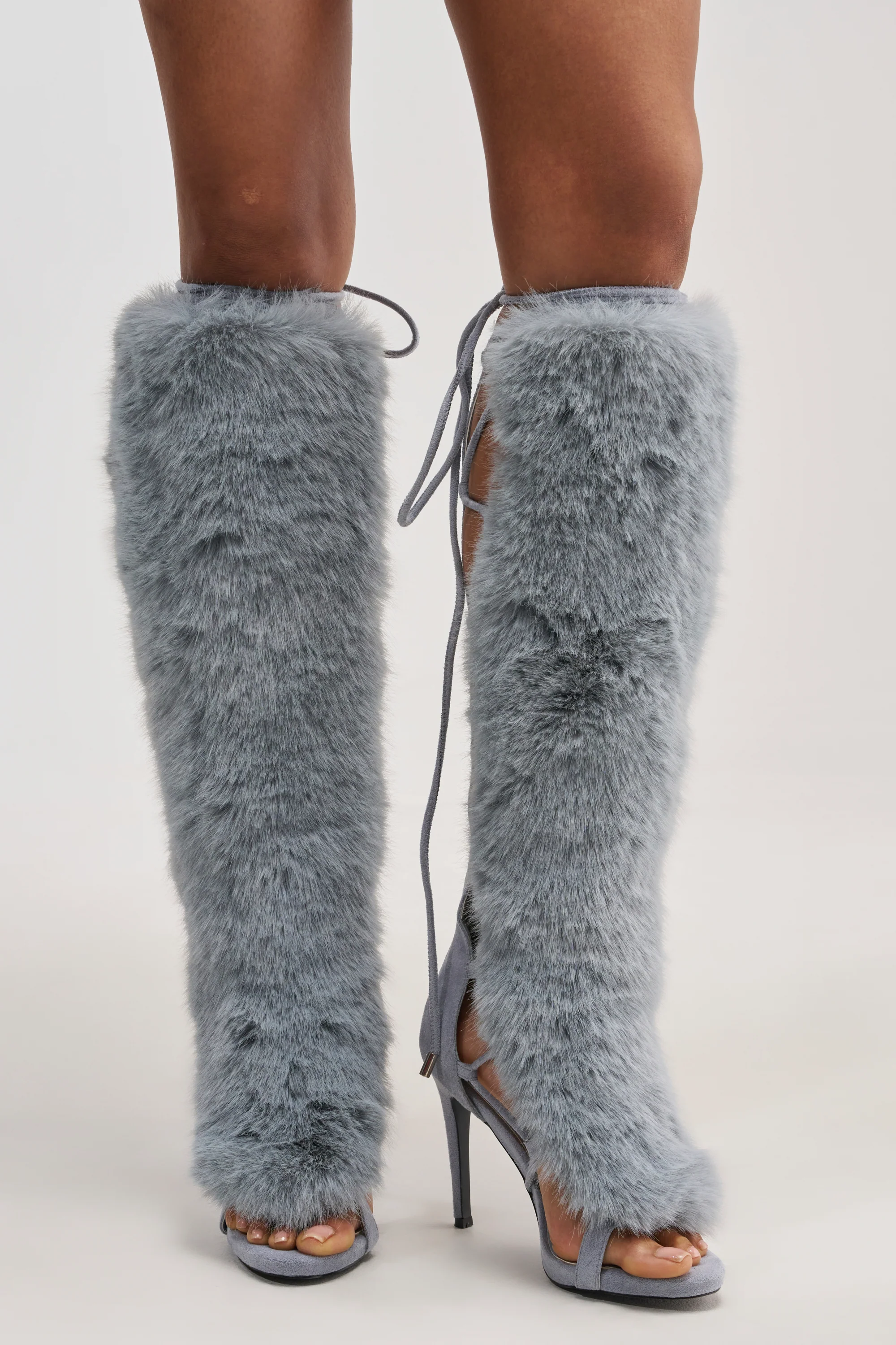 AZALEA WANG STAMOS DUSTY BLUE STILETTO SANDAL WITH FUR - Akira Wear