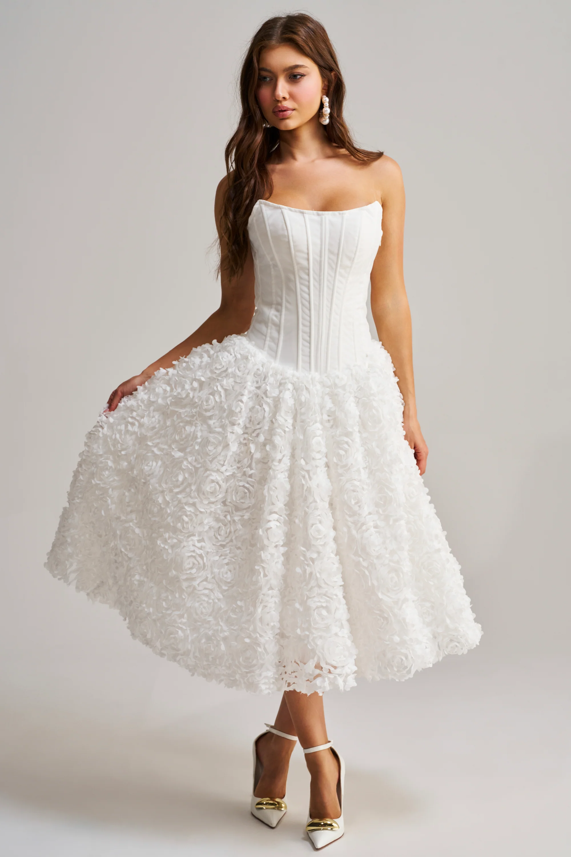 FIND ME LATER FLORAL CORSET MIDI DRESS IN WHITE - Akira Wear