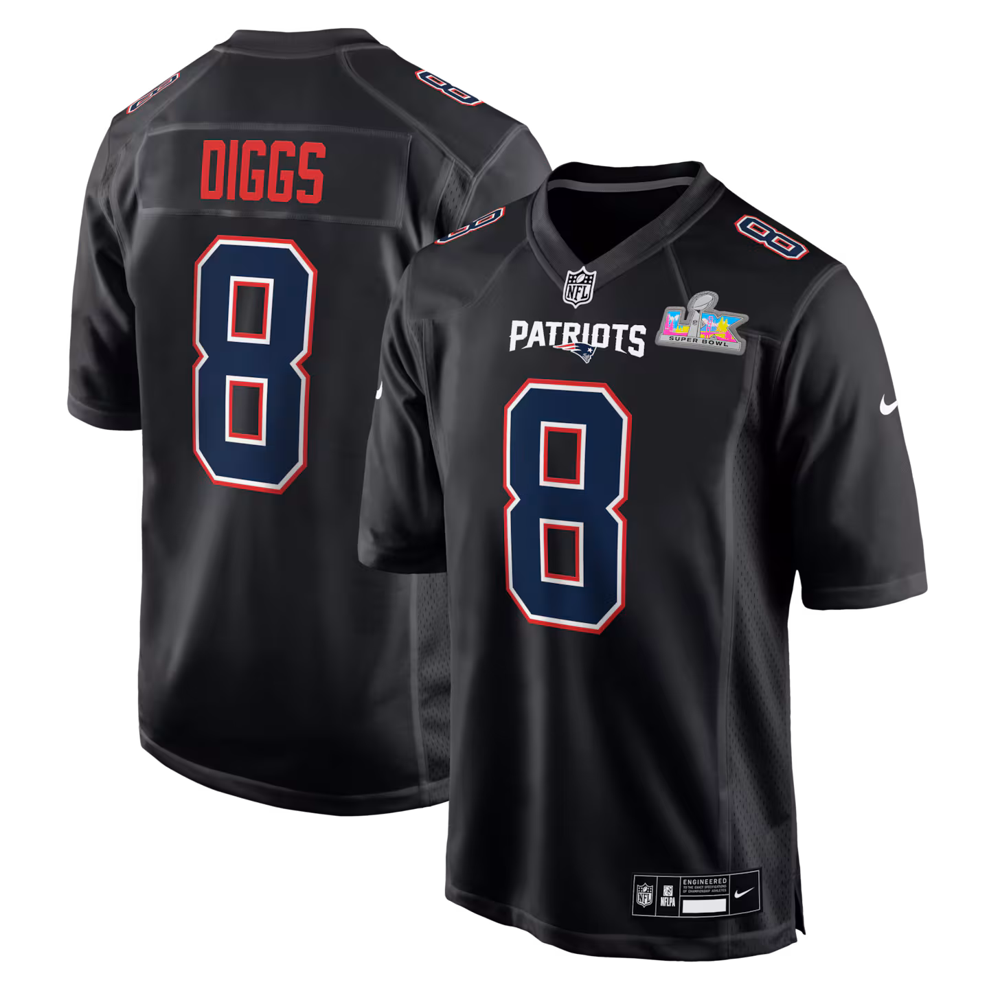 Men's New England Patriots Stefon Diggs Nike Black Super Bowl LX Patch Carbon Fashion Game Jersey - Jersey