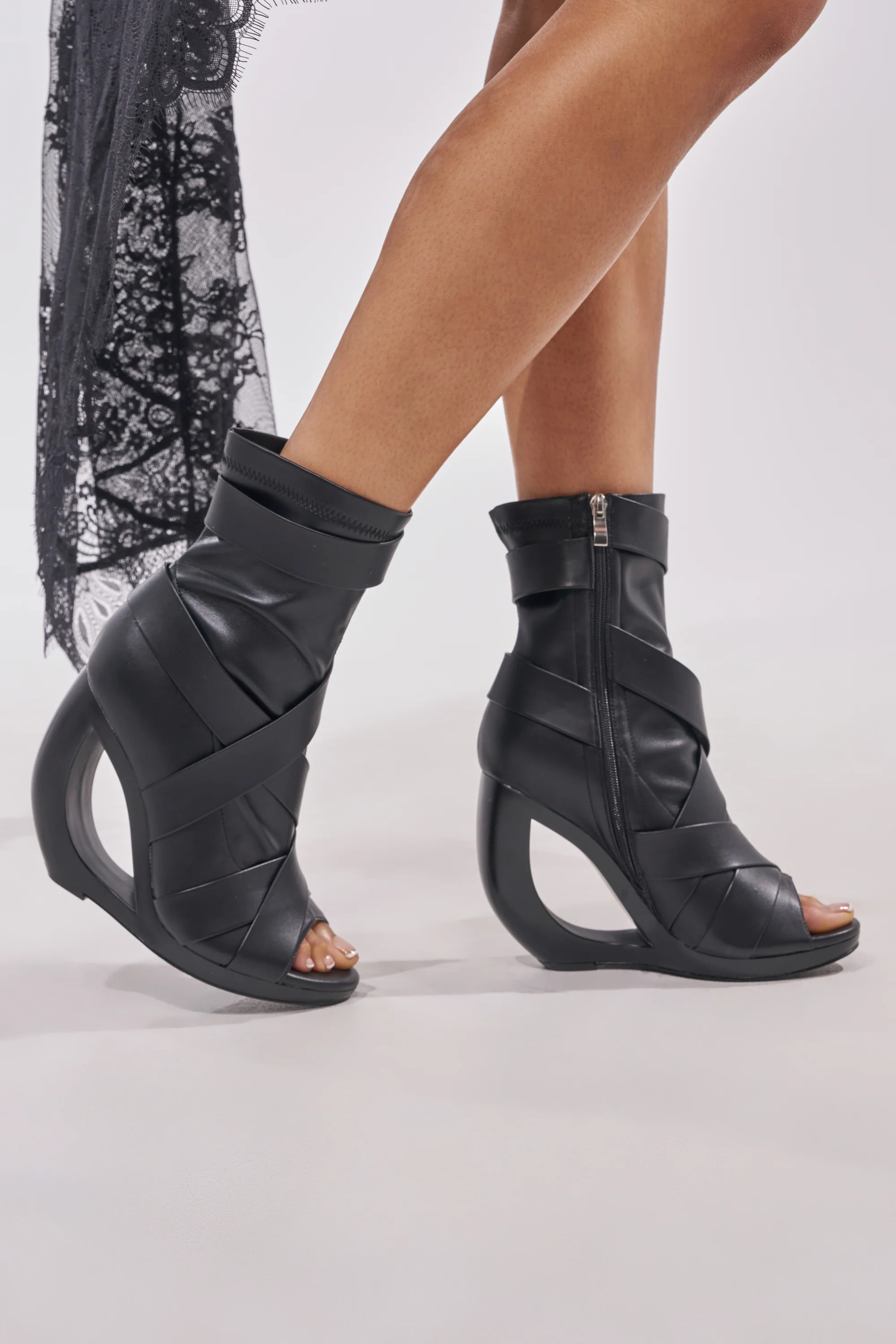 AZALEA WANG IGNITE BLACK WEDGE OPEN TOE BOOTIE WITH BELTING DETAIL - Akira Wear