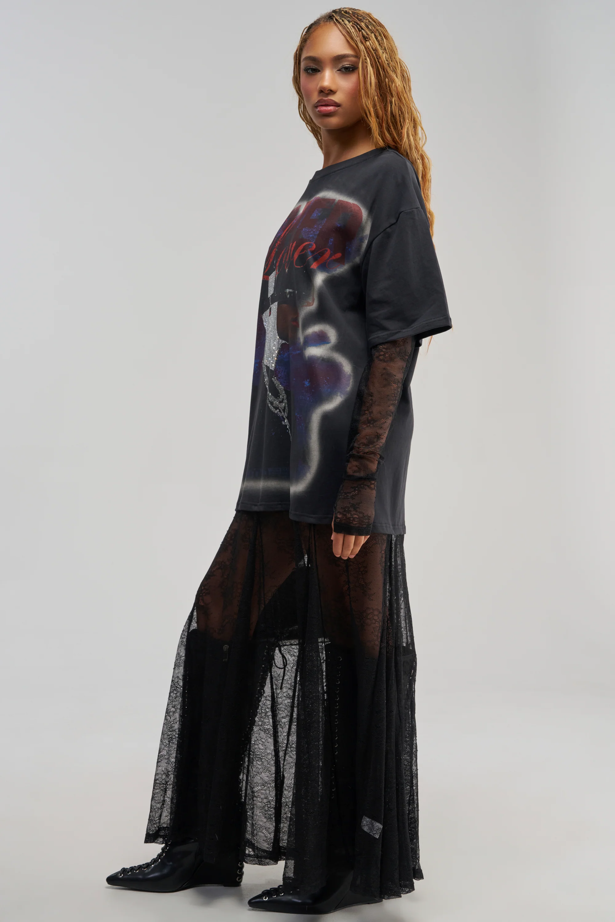 GIRLY BUT NOT LAYERED LACE MIDI DRESS IN BLACK MULTI - Akira Wear