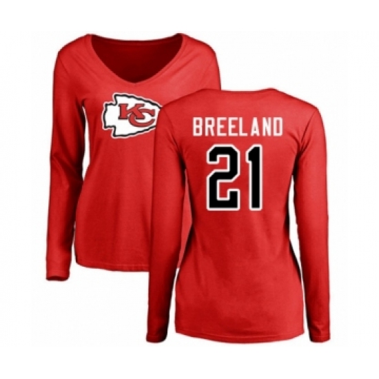 Football Women's Kansas City Chiefs #21 Bashaud Breeland Red Name & Number Logo Slim Fit Long Sleeve T-Shirt - Jersey