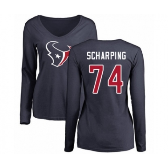 Football Women's Houston Texans #74 Max Scharping Navy Blue Name & Number Logo Long Sleeve T-Shirt - Jersey