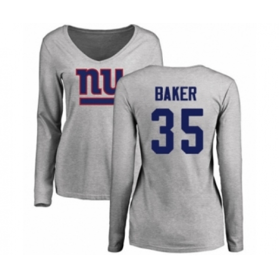 Football Women's New York Giants #35 Deandre Baker Ash Name & Number Logo Long Sleeve T-Shirt - Jersey