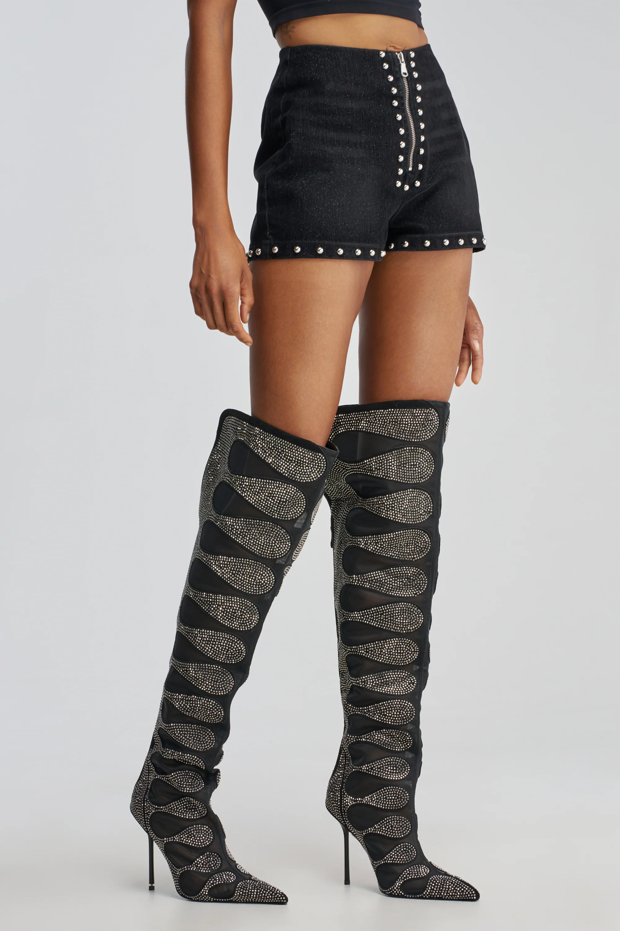 AKIRA GOLD AVENRA BLACK RHINESTONE THIGH HIGH STILETTO BOOT - Akira Wear