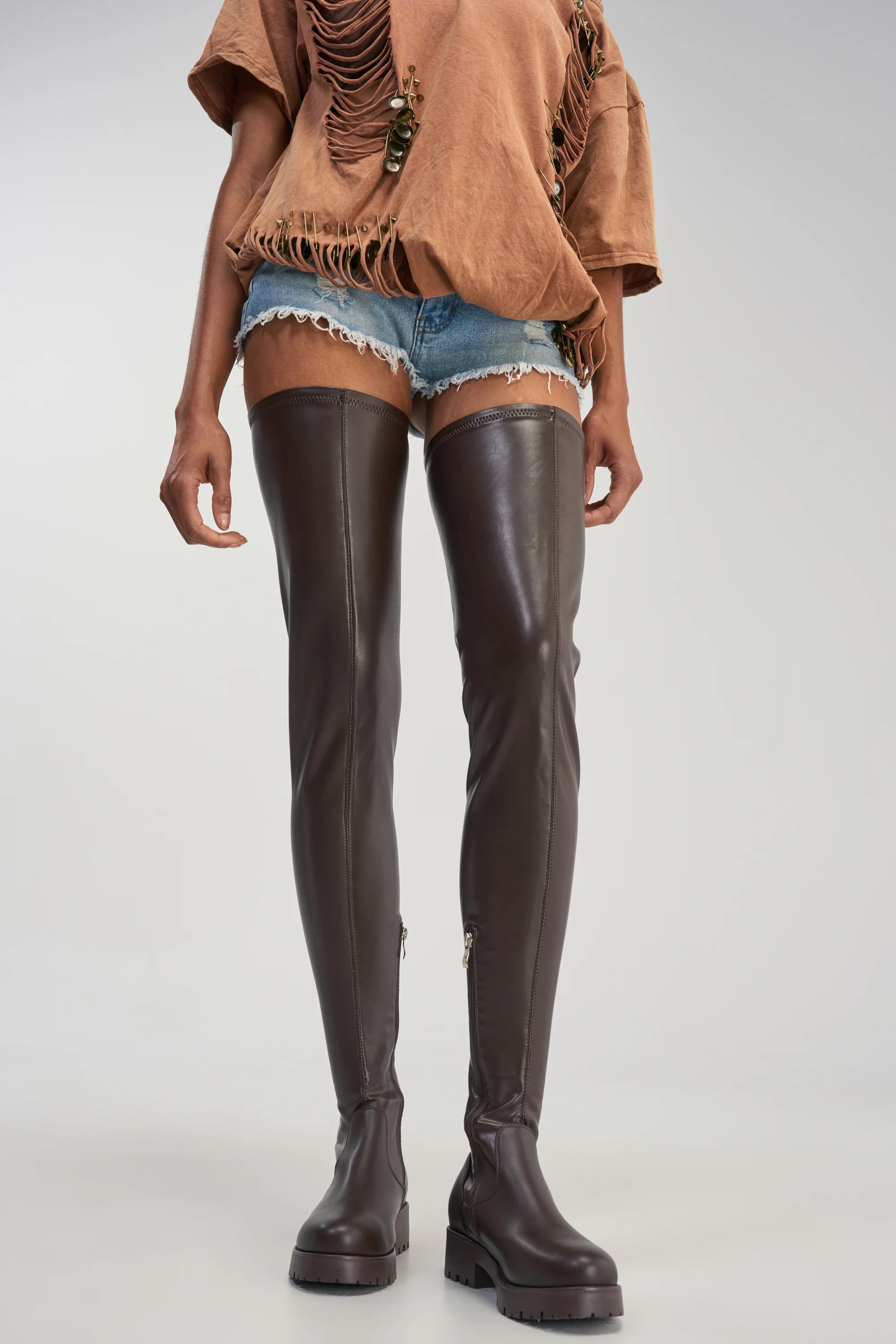 AZALEA WANG SURGICAL NEW THIGH HIGH STRETCH PU FLAT BOOT - Akira Wear