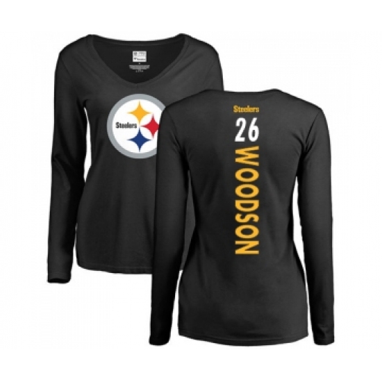 Football Women's Pittsburgh Steelers #26 Rod Woodson Black Backer Slim Fit Long Sleeve T-Shirt - Jersey
