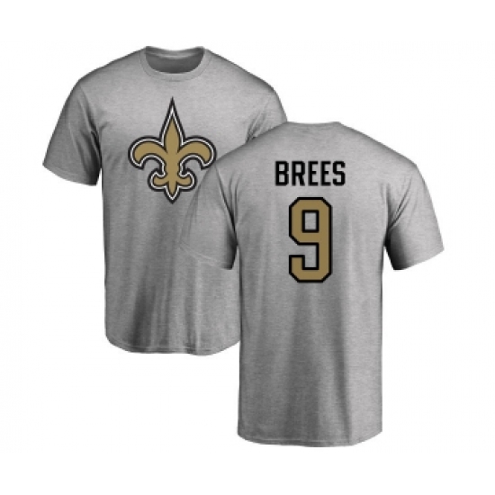 Football New Orleans Saints #9 Drew Brees Ash Name & Number Logo T-Shirt - Jersey