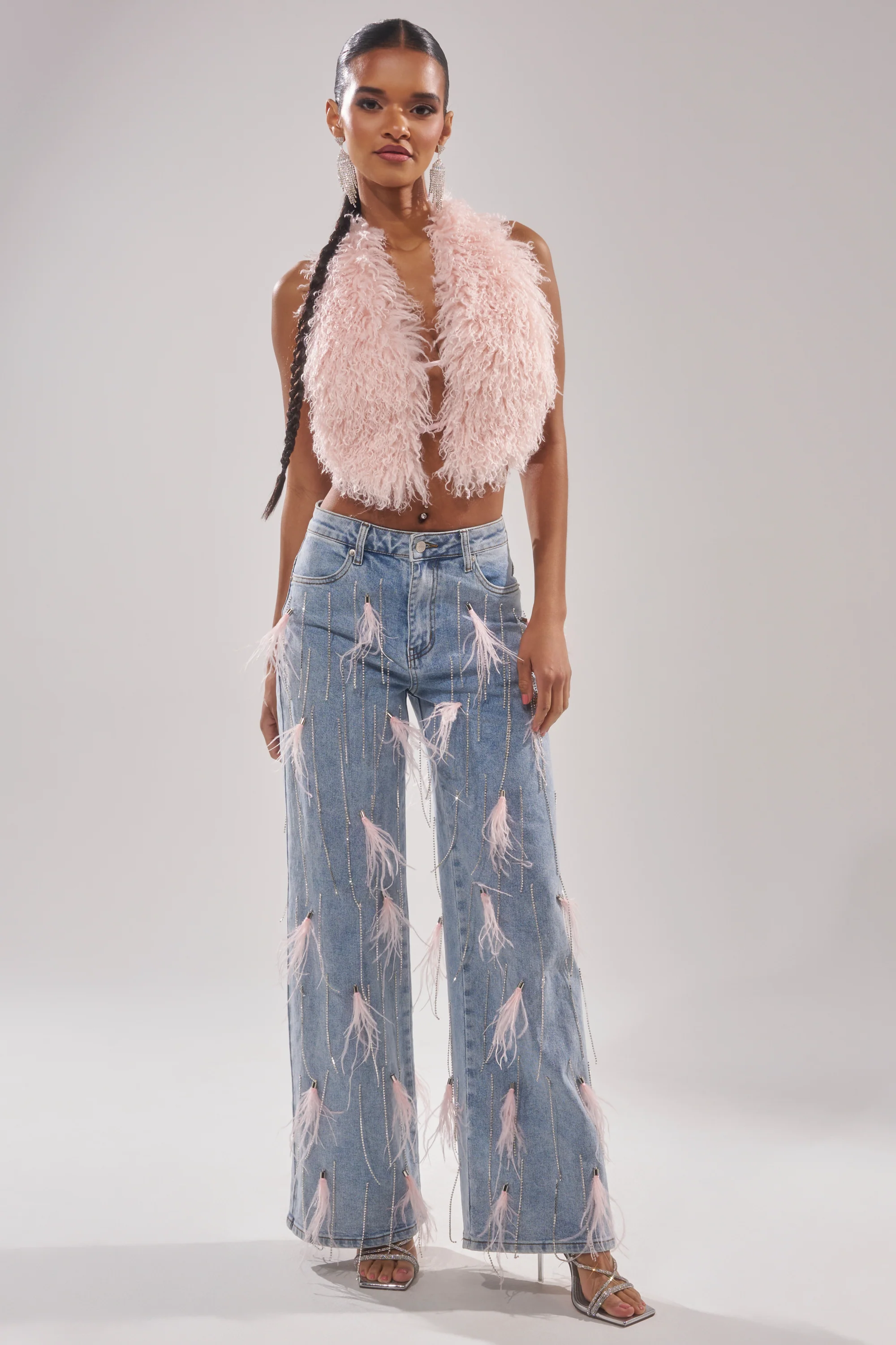 SHAKE IT FOR ME GIRL PINK FEATHER EMBELLISHED DENIM - Akira Wear
