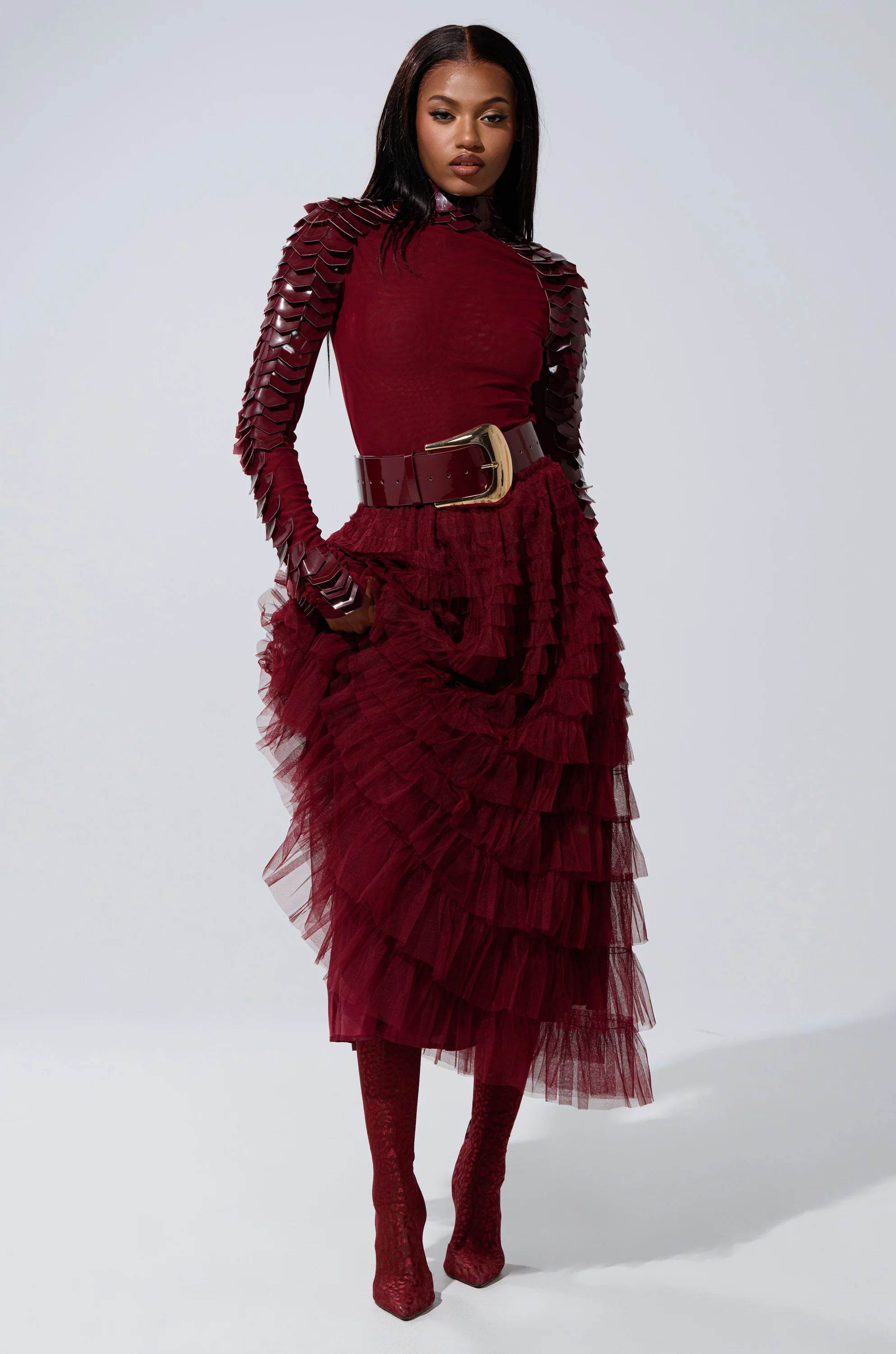 STARS ALIGNED MESH RUFFLE MAXI SKIRT IN BURGUNDY - Akira Wear
