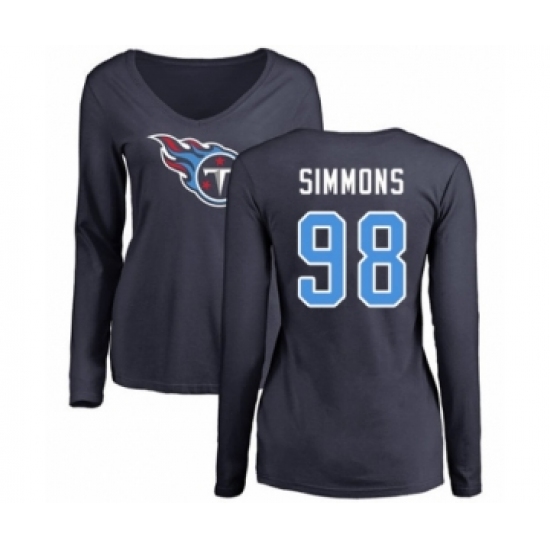Football Women's Tennessee Titans #98 Jeffery Simmons Navy Blue Name & Number Logo Long Sleeve T-Shirt - Jersey