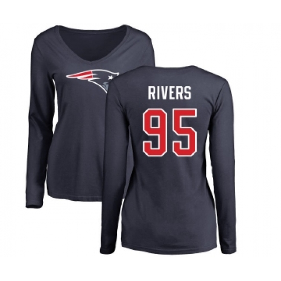 Football Women's New England Patriots #95 Derek Rivers Navy Blue Name & Number Logo Slim Fit Long Sleeve T-Shirt - Jersey