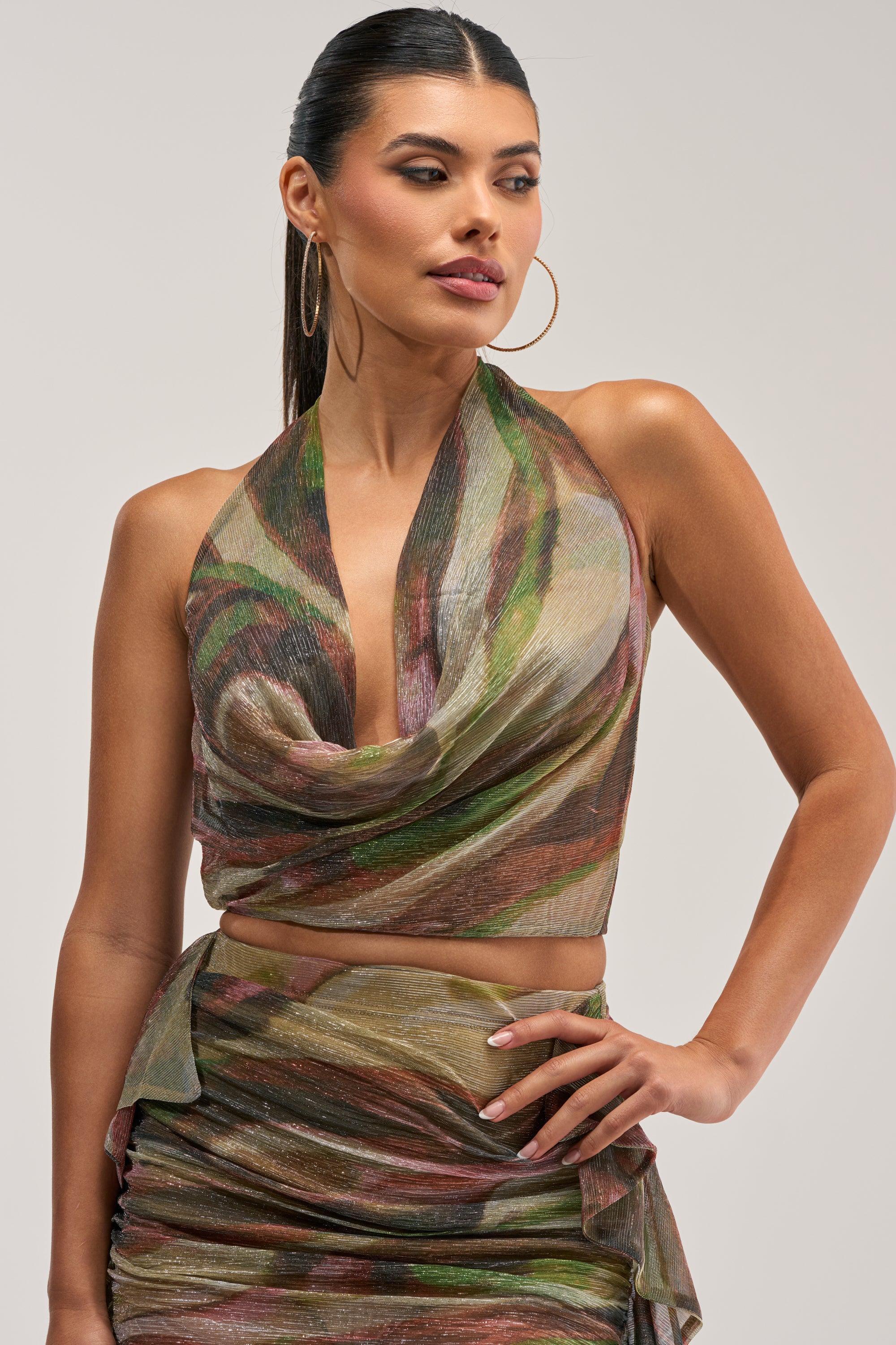 DROP IT LOW COWL NECK BLOUSE IN GREEN MULTI - Akira Wear