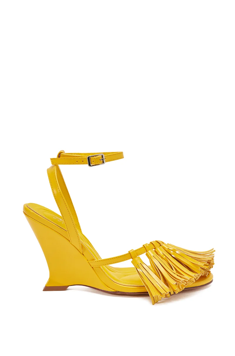 AZALEA WANG PHRIXOS YELLOW WEDGE FRINGE PU SANDAL - Akira Wear