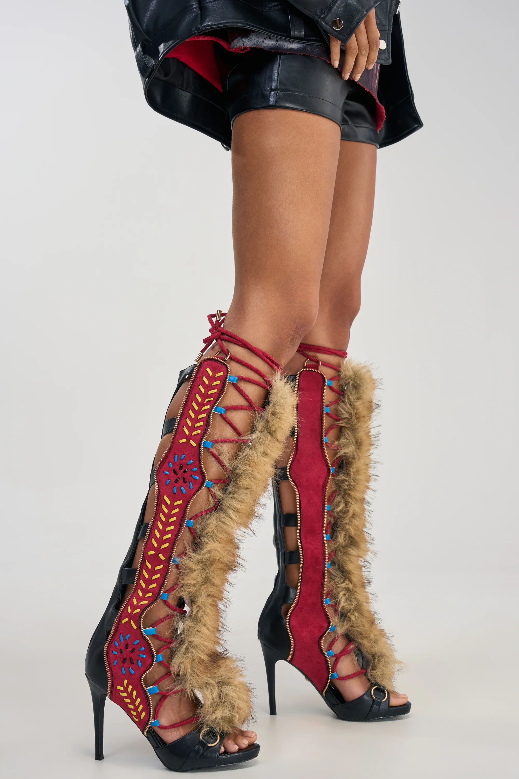 AZALEA WANG SHAINE BLACK MULTI GLADIATOR STITCH AND FUR SANDAL - Akira Wear