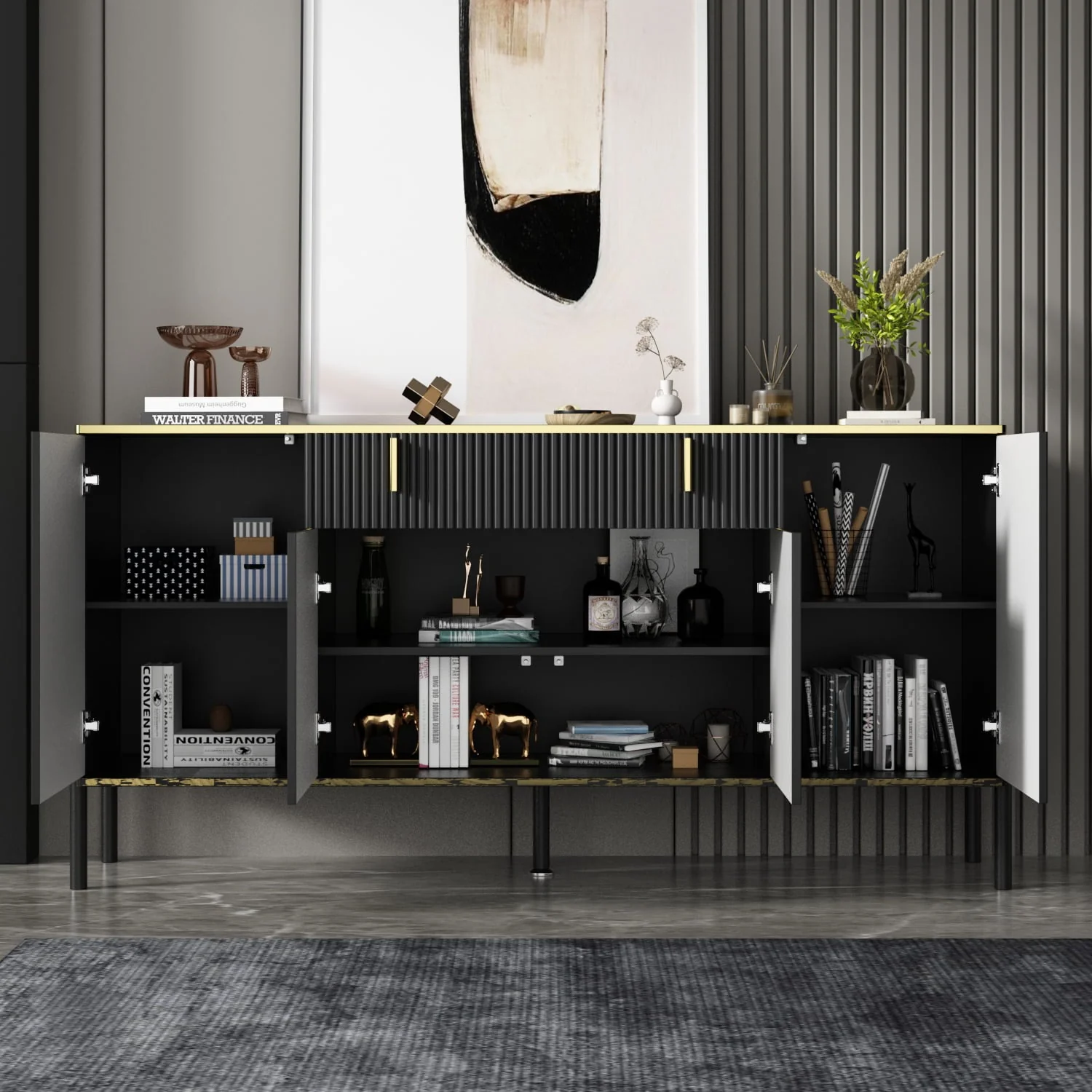 FUFU&GAGA Modern 4 Doors Buffet Cabinet with Storage Drawer, Accent Table Sideboard Furniture with Pop-up Door for Living Room Kitchen Dining Entryway Hallway, Black