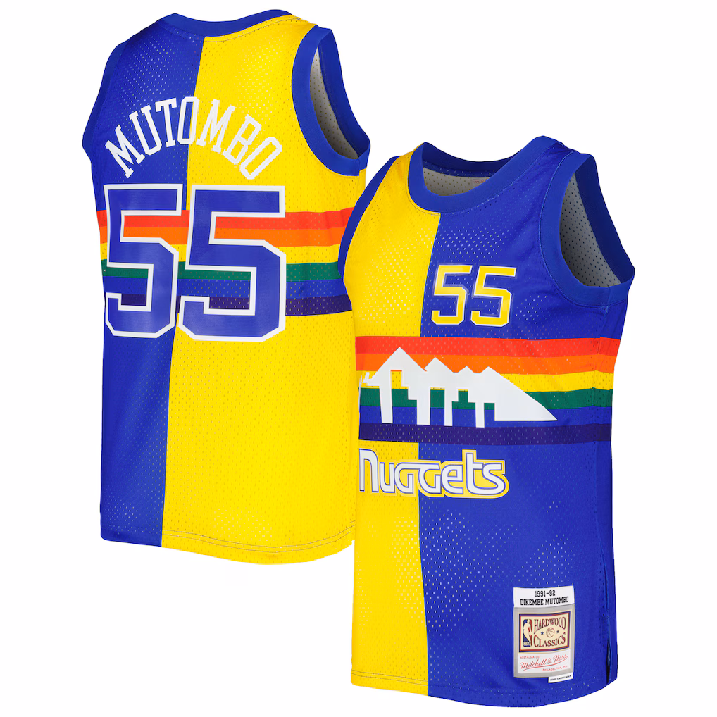 Men's Denver Nuggets Dikembe Mutombo Mitchell & Ness Royal/Gold Hardwood Classics 1991/92 Split Swingman Jersey - Jersey