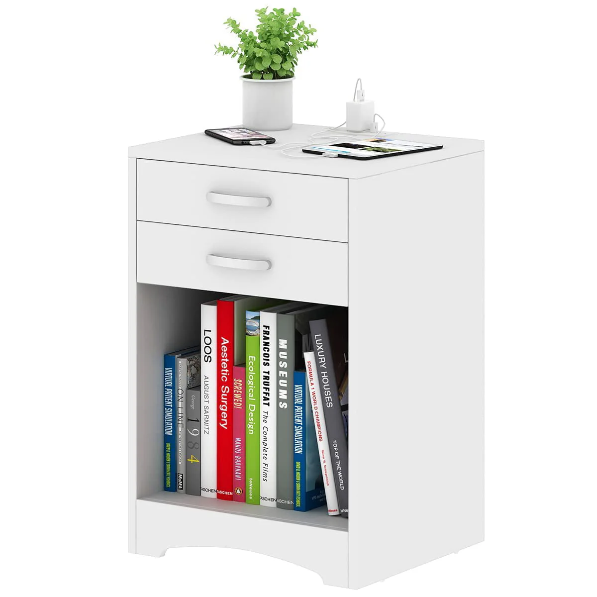 White Nightstand with Charging Station 2 Drawer Bedroom Nightstand Wood Sofa Side Table End Table with USB Ports and Storage, Small Kids Nightstand