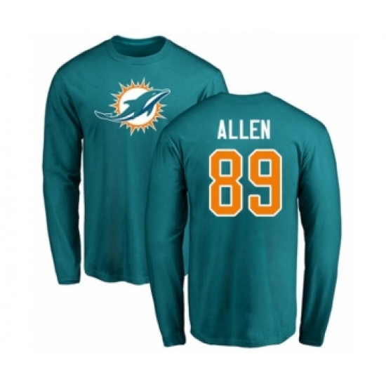 Football Miami Dolphins #89 Dwayne Allen Aqua Green Name & Number Logo Long Sleeve T-Shirt - Jersey