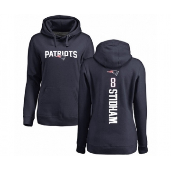 Football Women's New England Patriots #8 Jarrett Stidham Navy Blue Backer Pullover Hoodie - Jersey
